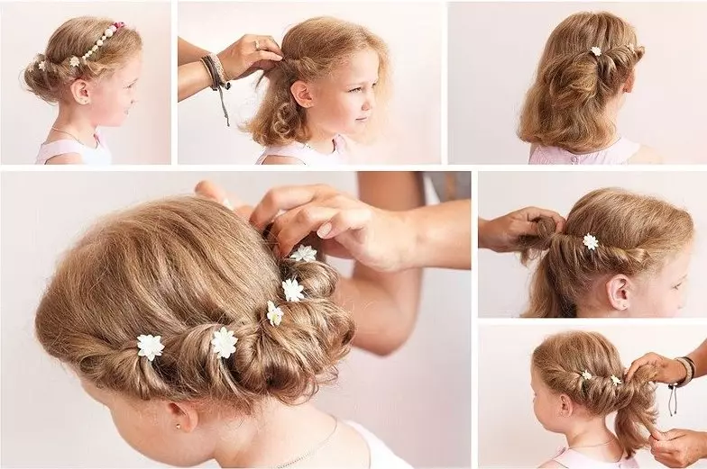 Hairstyles festive për vajzat me flokë të gjatë (55 foto): Si për të bërë hairstyles mbrëmje të fëmijëve për pushime me duart e tyre në shtëpi? 16836_46