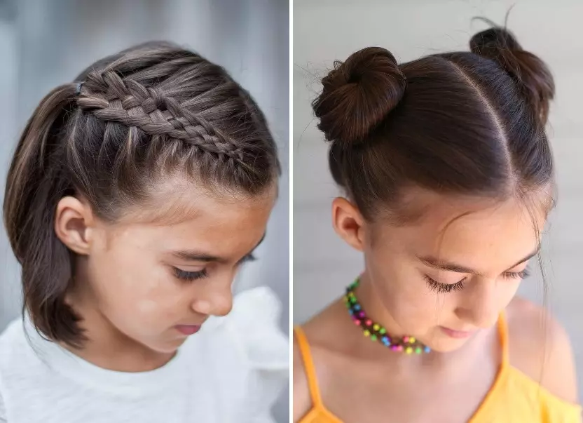Peinados a la escuela de pelo corto: peinados ligeros y hermosos a la escuela para niñas con una kara. ¿Cómo hacer un peinado de la escuela simple para las niñas 10 y 12 años en 5 minutos? 16840_10