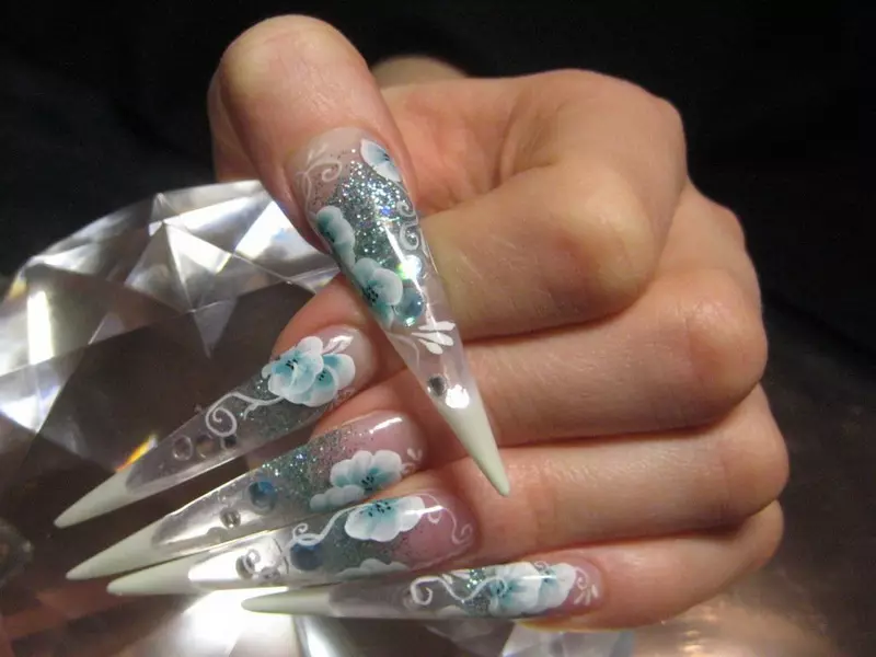 Design för skarpa naglar: nya mönster för spetsiga naglar. Ljusa ritningar för sommaren för akut nagelform med rhinestones och paljetter 17038_38