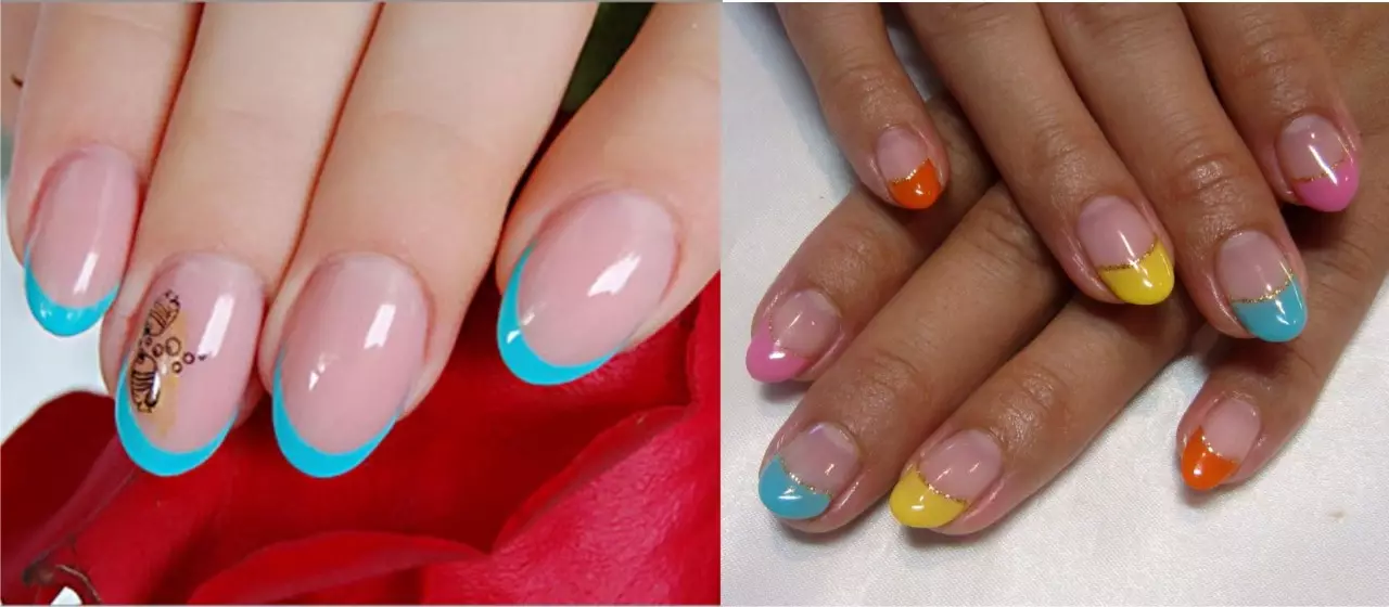 Franch de cor nas unhas (85 fotos): manicure francês com um design bonito ou padrão de duas cores em unhas ovais 17188_14