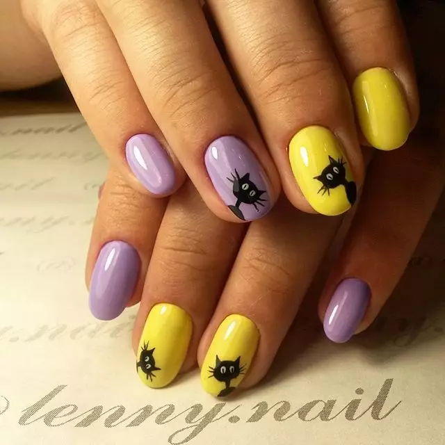 Gul-lilla Manicure (53 billeder): Eksempler på negle design i lilla farve med gul 17229_40