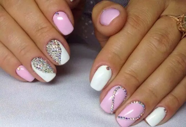 Manicure White-pink (foto 61): ntu na-eme ihe na gradient na rhinestones, echiche nke ịmepụta Ombre na Franch 17243_3