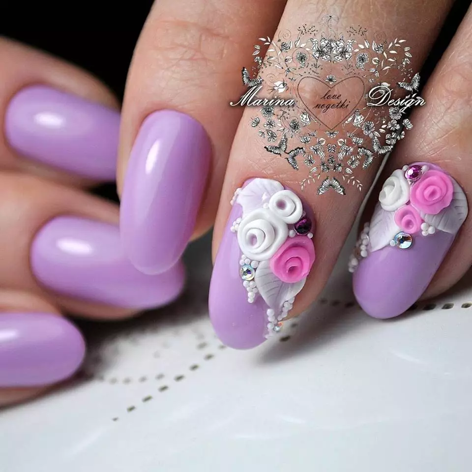 manicure skey-lilac (45 ຮູບພາບ): ການອອກແບບເລັບໃນ Lilac Lilac ແລະສີມ້ວງ 17254_27