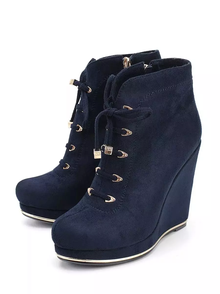 Blue Ankel Boots (42 foton): Vad ska du ha på sig en mörkblå modell från en nubuck och mocka på en häl, vilka leggings och klänning passar 1814_8