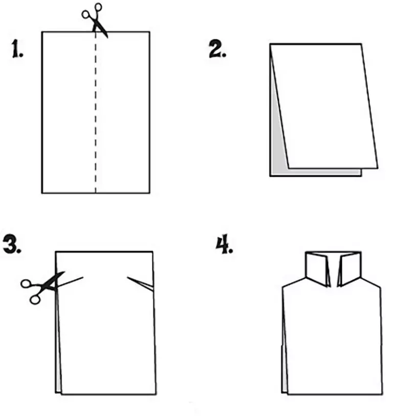 Postkort-skjorte 23. februar: Håndverk fra papir med egne hender, origami med slips. Hvordan trinnvis for å lage en gave til barn og pappa fra et håndkle? 18579_16