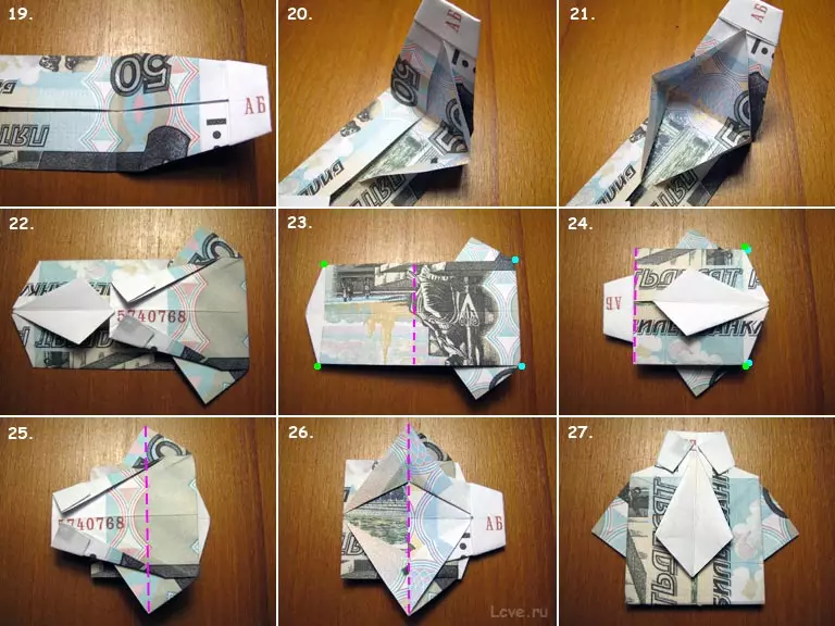 Postkort-shirt den 23. februar: Håndværk fra papir med egne hænder, origami med et slips. Sådan træder du i trin for at lave en gave til børn og far fra et håndklæde? 18579_33