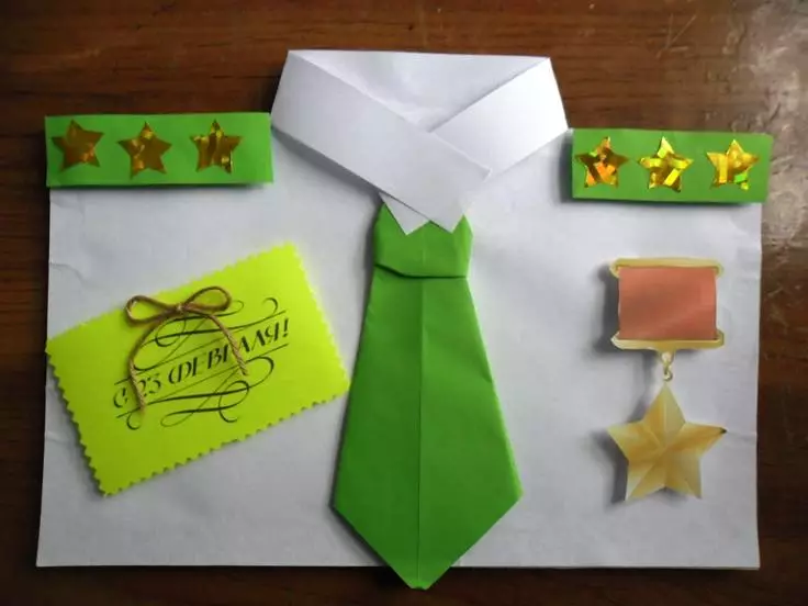 Krawat rzemieślniczy 23 lutego: Kartka z pozdrowieniami z własnymi rękami, jak zrobić papier lub kartonowy prezent dla taty 18580_2