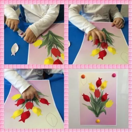 Artesanía desde papel el 8 de marzo: cómo hacerlo manos de papel de colores y corrugados, artesanías ligeras para mamá hecha de servilletas de papel, tulipanes y otras artesanías. 18613_38