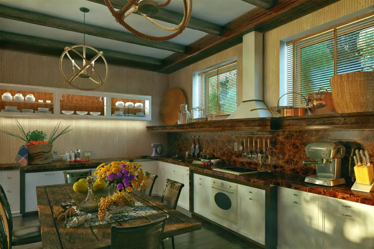 Virtuvės dizainas (179 nuotraukos): gražios virtuvės interjero idėjos bute, paprasti virtuvės dizaino parinktys. Kaip padaryti registraciją įdomu ir stilingu? Madingi dizaino sprendimai 186_107