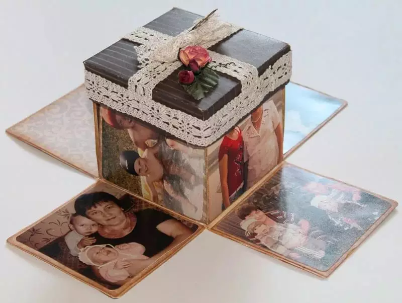 Caixas com uma surpresa (38 fotos): Como fazer uma caixa em branco de papel com suas próprias mãos, um bolo de classe mestre de caixas surpresa 18795_8