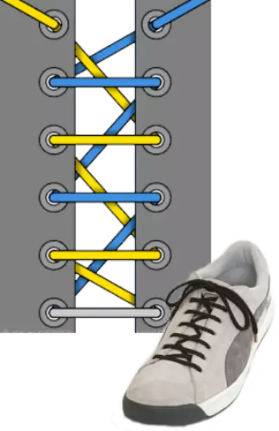 ფეხსაცმლის lacing (79 ფოტო): როგორ ლამაზად ჰალსტუხი laces, მარტივი გზები და ტიპის lacing ზამთრის ფეხსაცმელი, პარამეტრები გარეშე მშვილდი 1881_15
