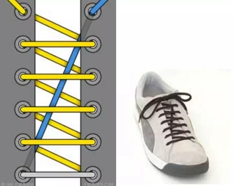 ფეხსაცმლის lacing (79 ფოტო): როგორ ლამაზად ჰალსტუხი laces, მარტივი გზები და ტიპის lacing ზამთრის ფეხსაცმელი, პარამეტრები გარეშე მშვილდი 1881_37