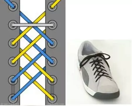 ფეხსაცმლის lacing (79 ფოტო): როგორ ლამაზად ჰალსტუხი laces, მარტივი გზები და ტიპის lacing ზამთრის ფეხსაცმელი, პარამეტრები გარეშე მშვილდი 1881_49