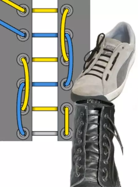ფეხსაცმლის lacing (79 ფოტო): როგორ ლამაზად ჰალსტუხი laces, მარტივი გზები და ტიპის lacing ზამთრის ფეხსაცმელი, პარამეტრები გარეშე მშვილდი 1881_56