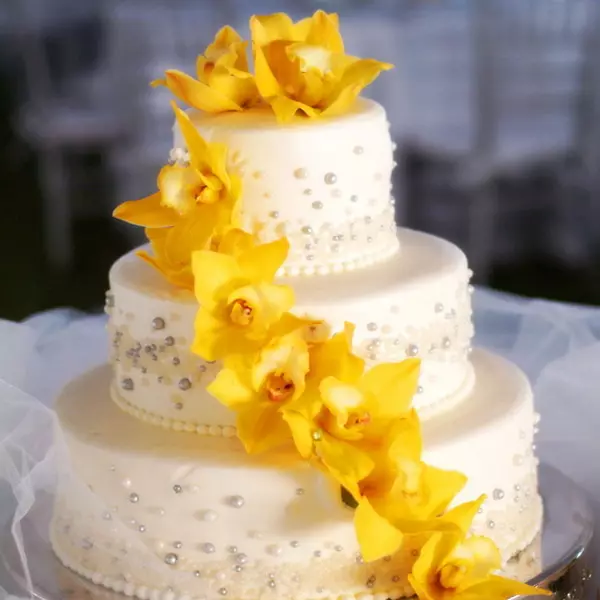 화이트 웨딩 케이크 (53 사진) : 결혼식을위한 빨간색과 흰색과 흰색 파란색 디저트 디자인, 금색과 파란 장미가있는 케이크 18882_49