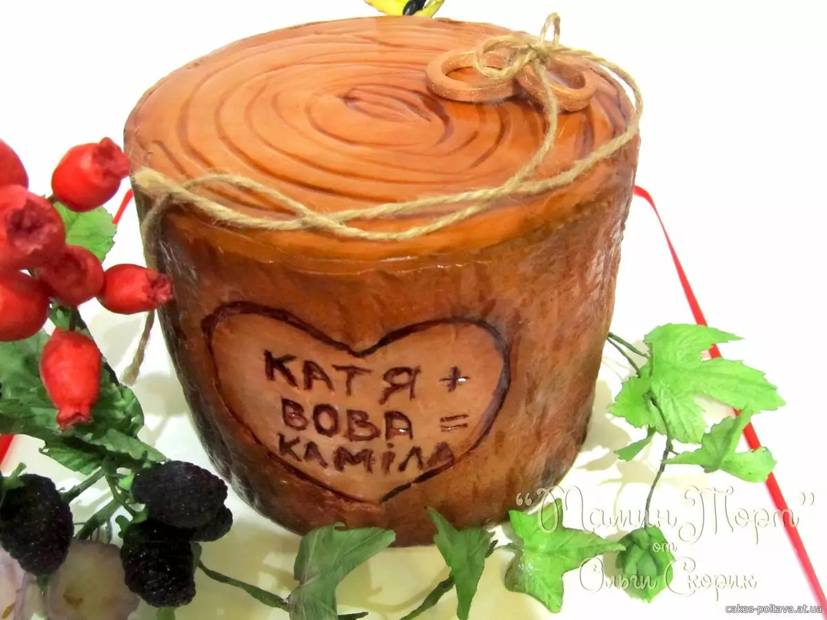 Torta su un matrimonio in legno (17 foto): scegli una torta da mastice e crema su un anniversario di 5 anni di matrimonio sotto forma di un albero 18998_5