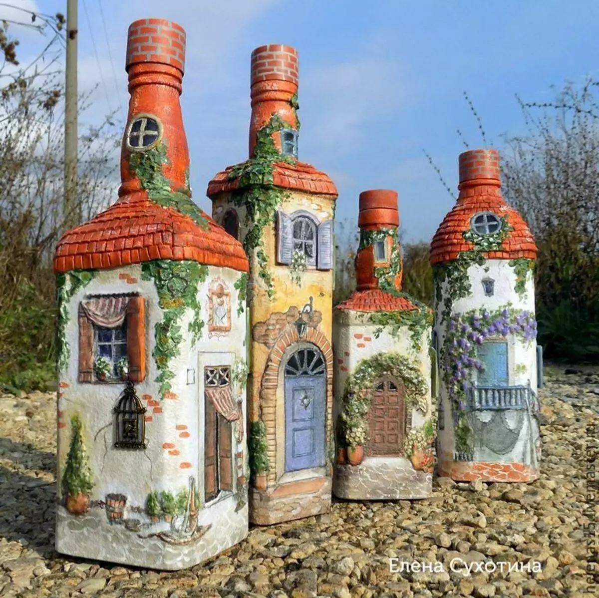 Botellas de decoupage (72 fotos): decoración de papel hixiénico e cunchas de ovo coas súas propias mans, clase mestra sobre botellas de decoupage volumétricas para homes o 23 de febreiro, decoración con shebbi-chic 19088_23