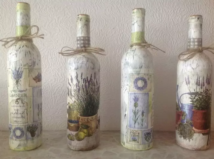 Decoupage Bottles (72 mga larawan): Dekorasyon ng toilet paper at itlog shell sa iyong sariling mga kamay, master class sa volumetric decoupage bote para sa mga lalaki sa Pebrero 23, dekorasyon sa shebbi-chic 19088_27