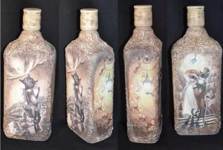 botellas decoupage (72 fotos): Decoración de papel higiénico y las cáscaras de huevo con sus propias manos, la clase principal en botellas decoupage volumétricos para los hombres el 23 de febrero, la decoración con Shebbi-chic 19088_35