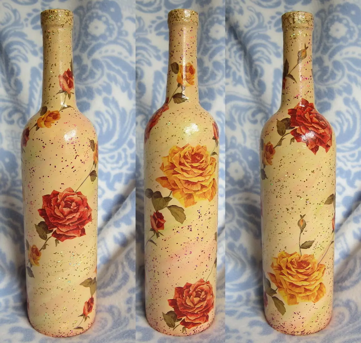 botellas decoupage (72 fotos): Decoración de papel higiénico y las cáscaras de huevo con sus propias manos, la clase principal en botellas decoupage volumétricos para los hombres el 23 de febrero, la decoración con Shebbi-chic 19088_58