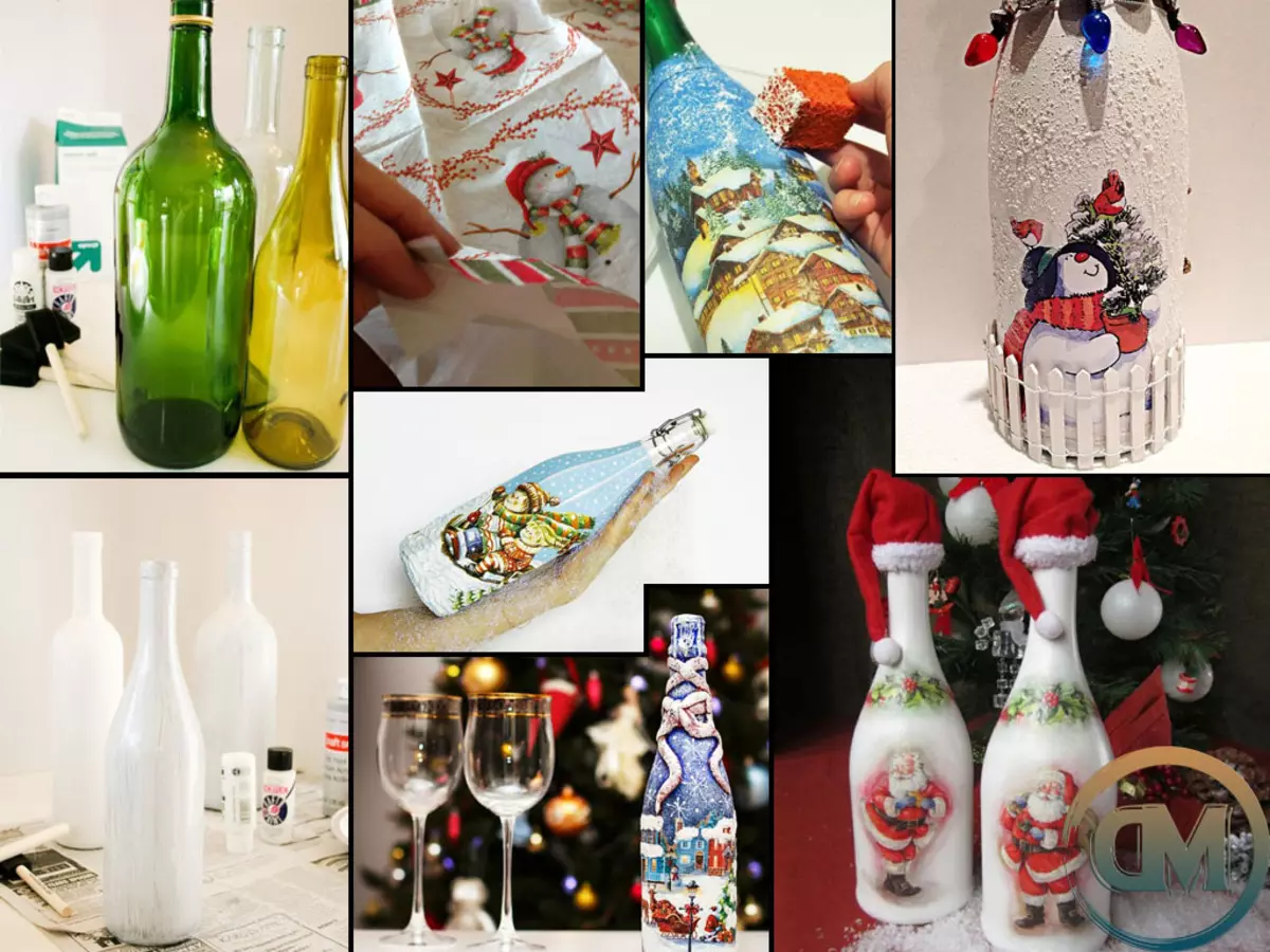 botellas decoupage (72 fotos): Decoración de papel higiénico y las cáscaras de huevo con sus propias manos, la clase principal en botellas decoupage volumétricos para los hombres el 23 de febrero, la decoración con Shebbi-chic 19088_67