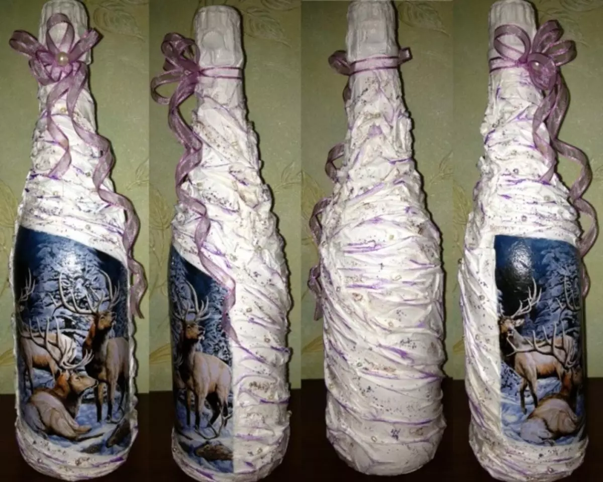 Decoupage Bottles (72 mga larawan): Dekorasyon ng toilet paper at itlog shell sa iyong sariling mga kamay, master class sa volumetric decoupage bote para sa mga lalaki sa Pebrero 23, dekorasyon sa shebbi-chic 19088_71