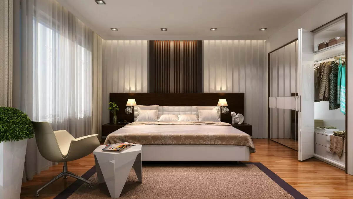 Design de dormitor (183 fotografii): Ideile designului interior al dormitorului în apartament, proiecte de design exclusiv chic. Cum să decorați o cameră de dormit cu textile și accesorii neobișnuite? 190_151