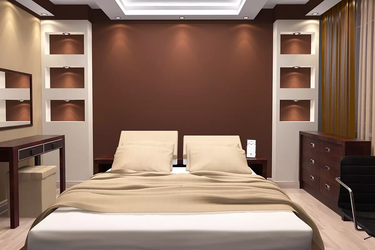 침실 디자인 (183 사진) : 아파트의 침실의 인테리어 디자인, Chic 독점 디자인 프로젝트. 직물 및 비정상적인 액세서리로 수면 방을 장식하는 방법? 190_93