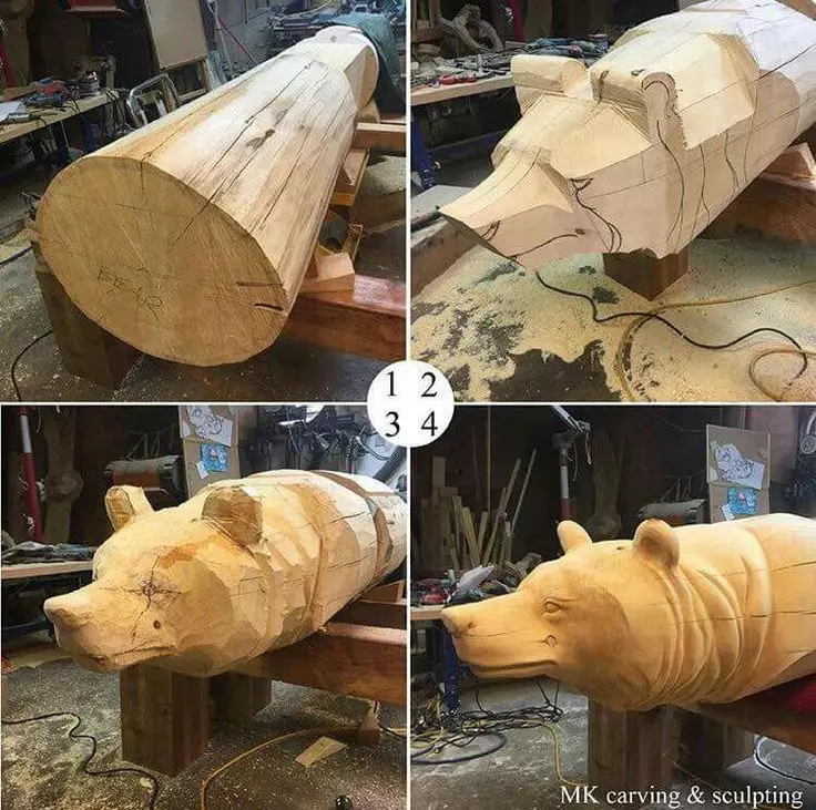 Kettingzaag houtsnijwerk: houten sculpturen voor beginners. Hoe de pilage van de beer en andere grote sculpturen, een eekhoorn en paddestoel te laten knippen? 19208_12