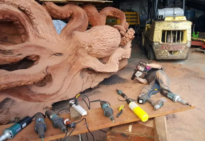 Kettingzaag houtsnijwerk: houten sculpturen voor beginners. Hoe de pilage van de beer en andere grote sculpturen, een eekhoorn en paddestoel te laten knippen? 19208_5