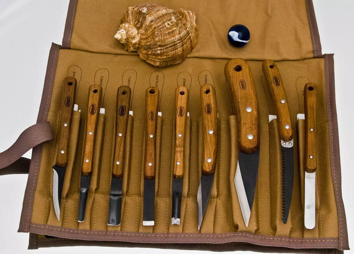 Woodwood ножове: резачки за ръчна дърворезба, касата и Bogorodsky нож, резачка и други видове. Размери и форми 19223_2