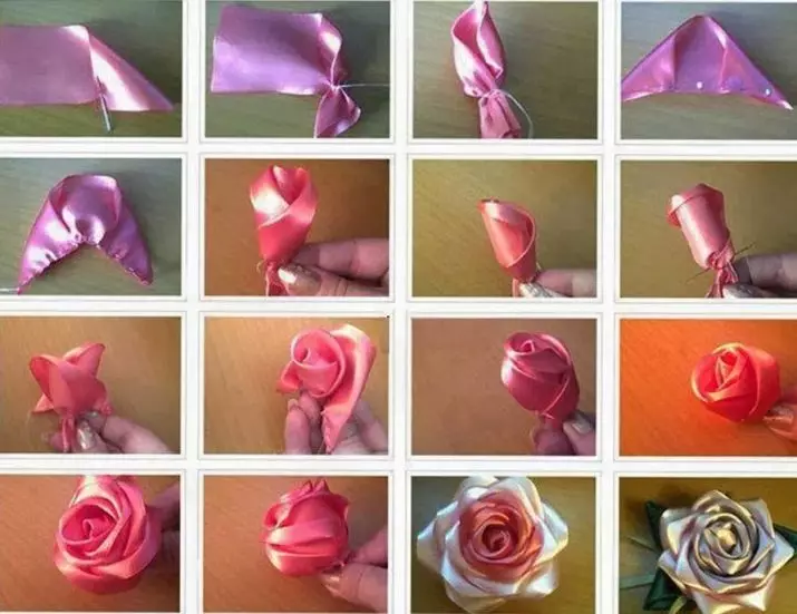 Розалар Канзаши техникасы: Мастер-класстар Сатин Риббондордун розаларын өндүрүү 5 см жана башка өлчөмдөр. Кантип органзадан кичинекей бадалдарды кантип жасоого болот? 19298_24