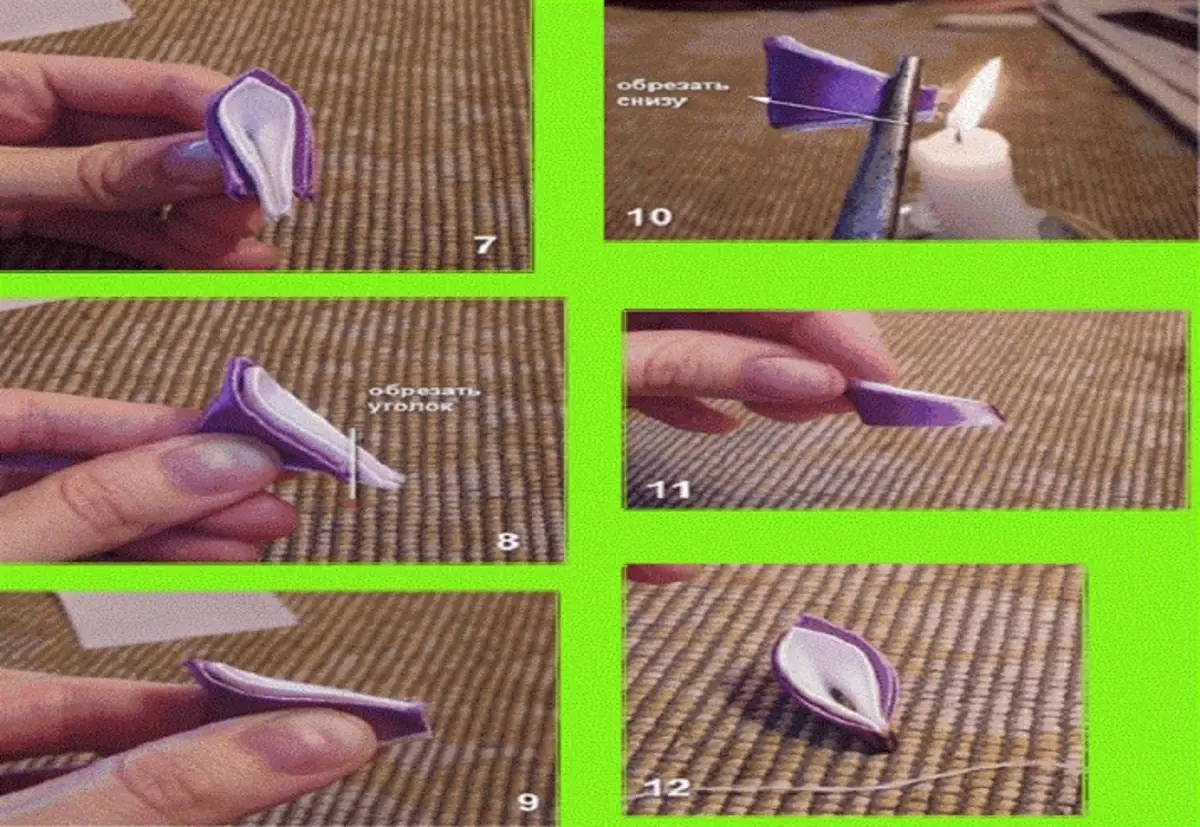 Kanzashi žiedlapiai (27 nuotraukos): visų tipų žingsnių lapų gamybos meistriškumo klasė, apvalios parinktys iš juostelės 5 cm, aštrių ir tūrinių. Kaip suformuoti lapą? 19300_23