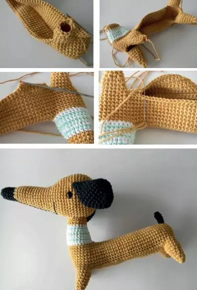 Doggy Amigurumi: Esquema e descrição de Crochet Bull Terrier, taxas de fios de pelúcia e spitz, classe mestre para iniciantes 19339_23