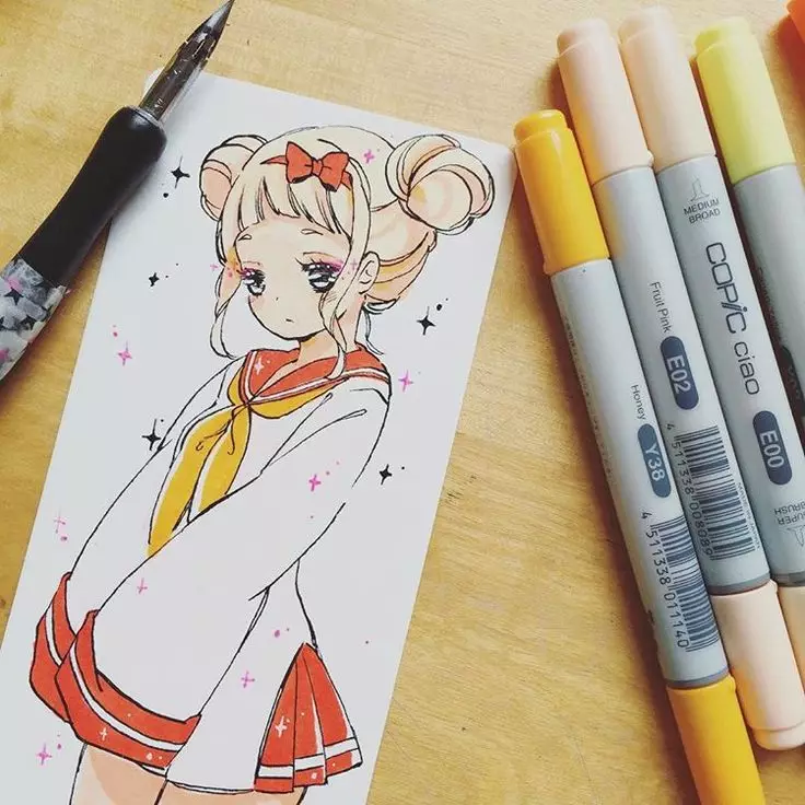 Schetsen in anime-stijl: lichte tekeningen voor een schetsboek. Meisje markeringen en andere ideeën, tekening ogen en lichaam, handen en gezicht met een potlood 19440_14