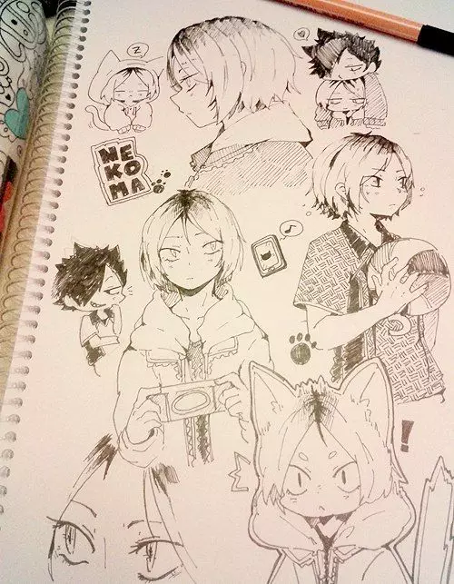 Schetsen in anime-stijl: lichte tekeningen voor een schetsboek. Meisje markeringen en andere ideeën, tekening ogen en lichaam, handen en gezicht met een potlood 19440_23