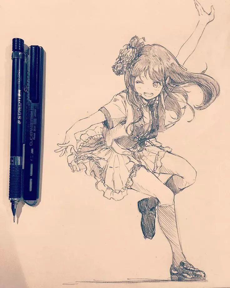 Schetsen in anime-stijl: lichte tekeningen voor een schetsboek. Meisje markeringen en andere ideeën, tekening ogen en lichaam, handen en gezicht met een potlood 19440_7