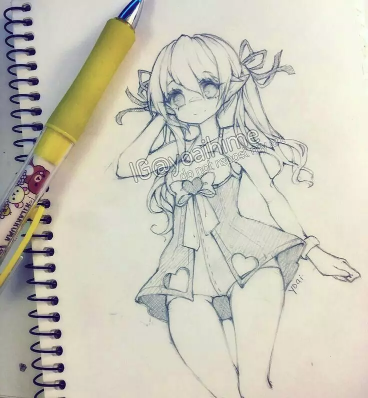Schetsen in anime-stijl: lichte tekeningen voor een schetsboek. Meisje markeringen en andere ideeën, tekening ogen en lichaam, handen en gezicht met een potlood 19440_8