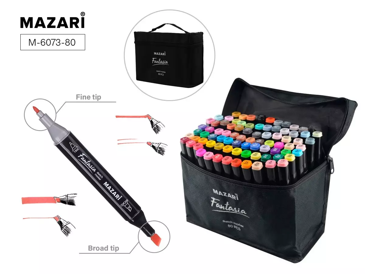 Mazari-markers foar sketsen: Fantasia Watercolor markers sets foar 60 en 120 kleuren, har tanken en palet. Resinsjes beoordelingen 19446_18