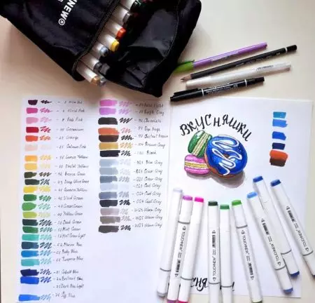 Mazari-markers foar sketsen: Fantasia Watercolor markers sets foar 60 en 120 kleuren, har tanken en palet. Resinsjes beoordelingen 19446_4
