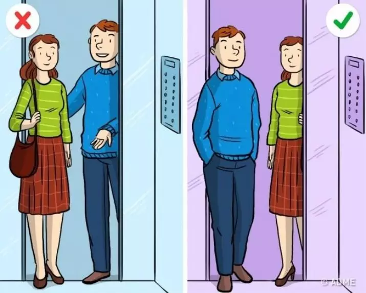 Kes peaks olema esimene, kes siseneb lifti eetiketi reeglite järgi? 13 fotot, kes peaks kõigepealt sisestama, kes kõigepealt väljub, reeglid meestele 19570_5