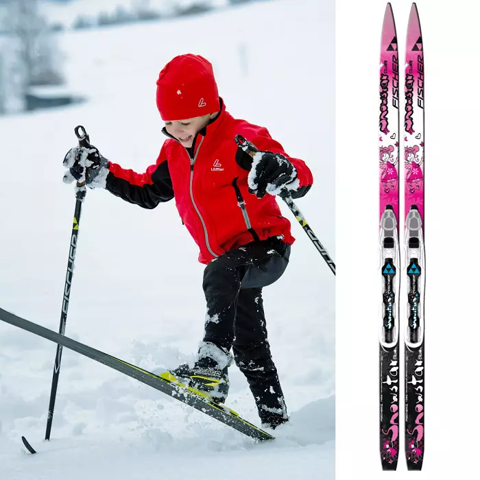 Kinders se ski's (45 foto's): Hoe om hulle te kies om dit vir 'n kind te kies? Ski met skoene en sonder. Hoe om hul grootte vir skool en kinders te kies? Hout en plastiek ski's 20212_22
