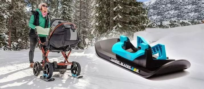 Skiën voor kinderwagen: pads op de wielen van een kinderwagen voor de winter, mini-ski's op de voorwielen en sets van 4 stuks., Tips om te kiezen 20237_2