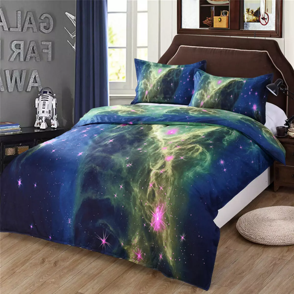 Bed Linen Cosmos: Shqyrtimi i grupeve me një model të planetit dhe yjeve. Si të kujdeseni? 20696_2