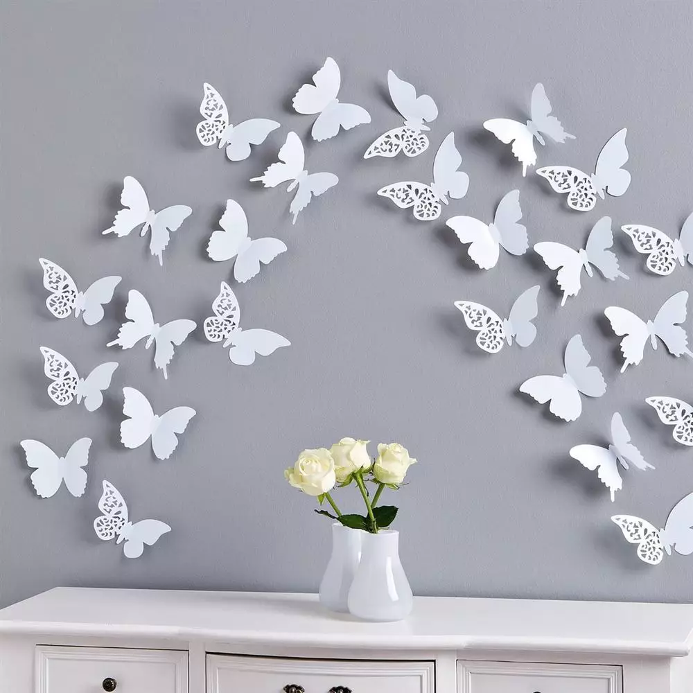 Papieren decoraties voor kamer met eigen handen: Butterfly Decor op de muur en pompen, producten van gegolfd en gekleurd papier, origami en sneeuwvlokken 20826_6