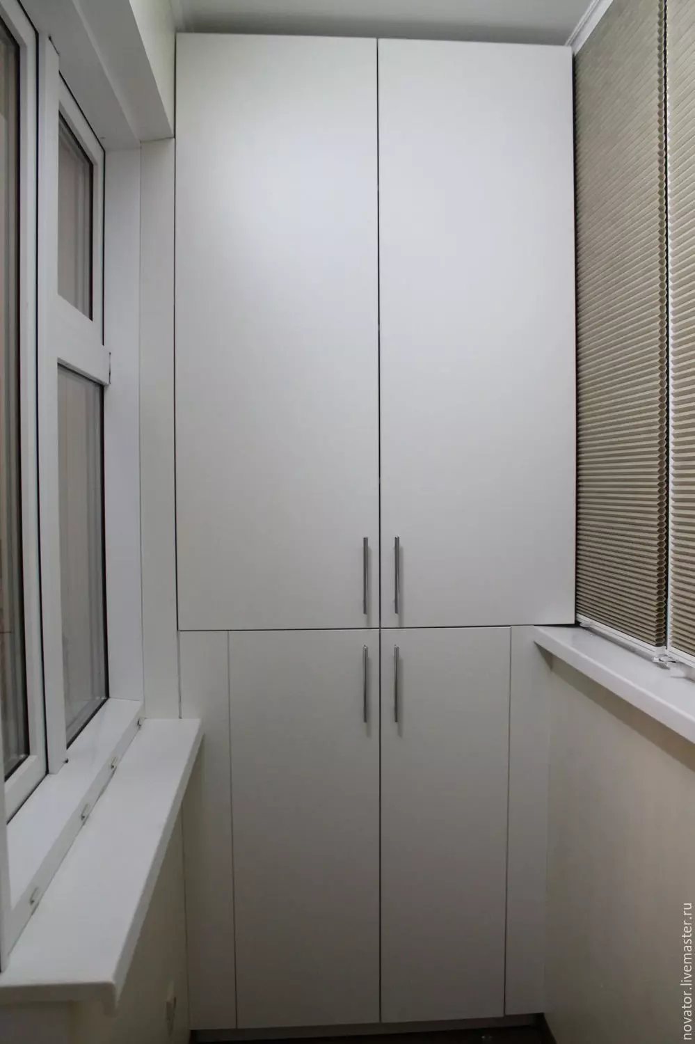陽台櫥櫃（108張照片）：內置和塑料陽台櫃的示例，設計櫃與滾輪百葉窗的設計櫥櫃的有趣思考 20841_6