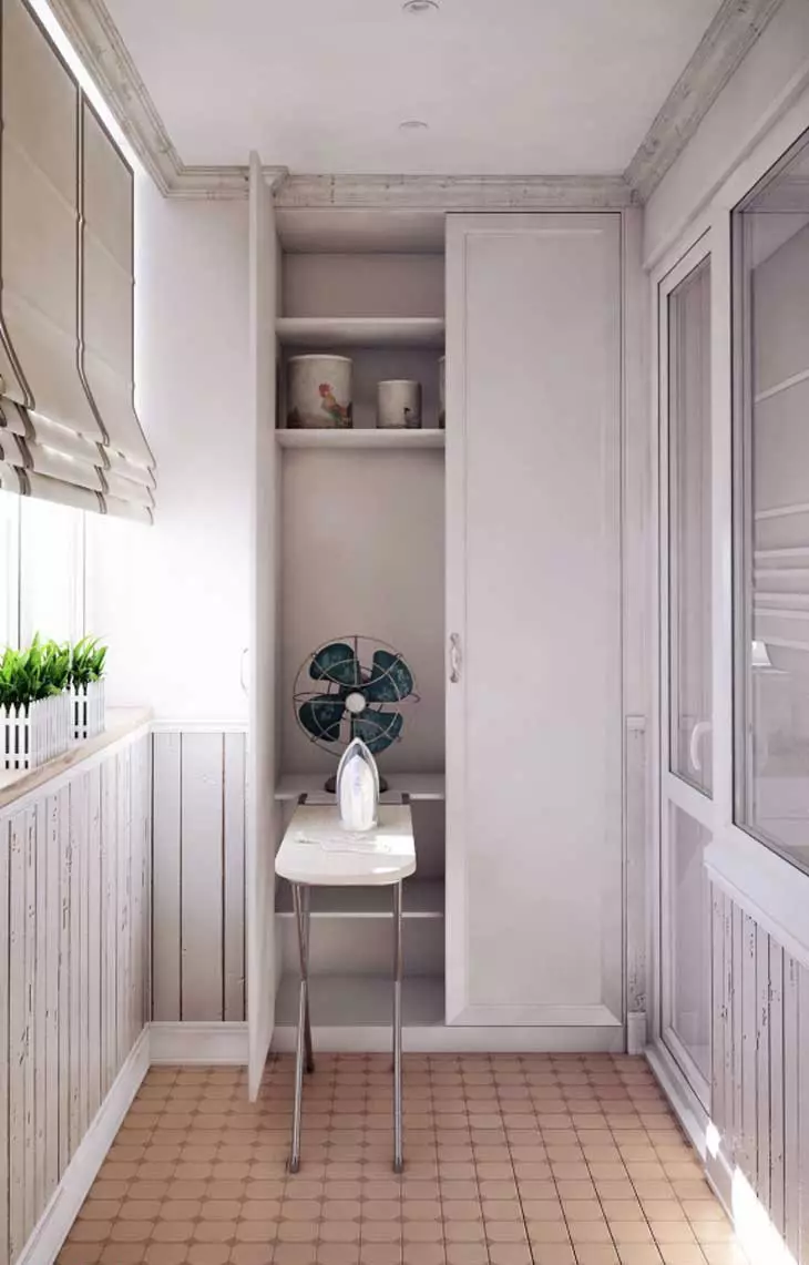 陽台櫥櫃（108張照片）：內置和塑料陽台櫃的示例，設計櫃與滾輪百葉窗的設計櫥櫃的有趣思考 20841_74