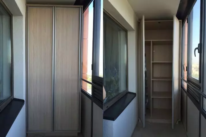 Балкон Шкафове (108 снимки): Примери за вградени и пластмасови балкон шкафове, интересни идеи за дизайнерски шкафове с ролетни щори и облицовки 20841_97