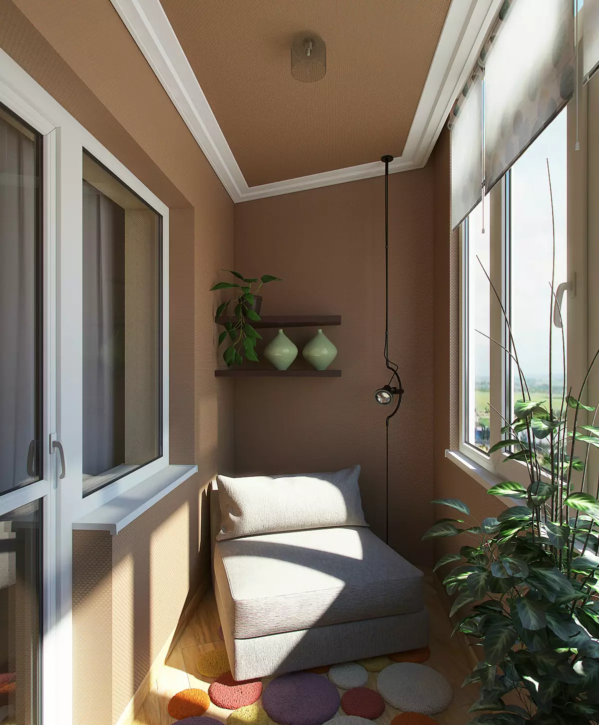 Dīvāni balkoniem un lodžijām (65 fotogrāfijas): pārskats par maziem dīvāniem ar uzglabāšanas kastes, izvēlieties stūra dīvāni ar guļamvietu, balkona dizains ar šauru locīšanas mini dīvānu 20846_12