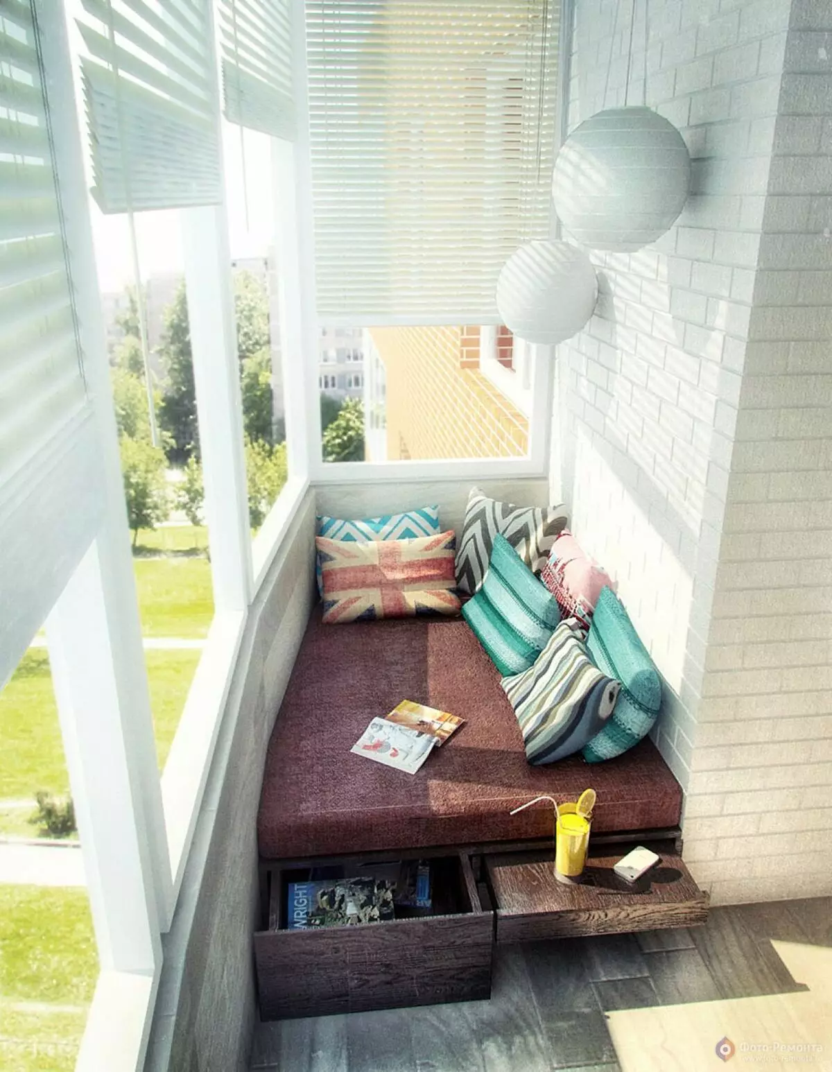 Dīvāni balkoniem un lodžijām (65 fotogrāfijas): pārskats par maziem dīvāniem ar uzglabāšanas kastes, izvēlieties stūra dīvāni ar guļamvietu, balkona dizains ar šauru locīšanas mini dīvānu 20846_48